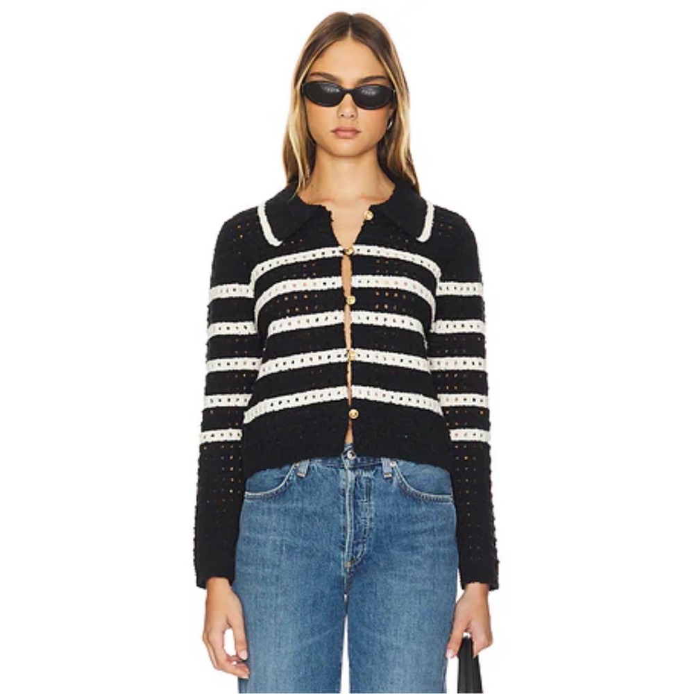 Line & Dot Let Me Be Cardigan in Black & Ivory Collared Neck Size Small NEW‎